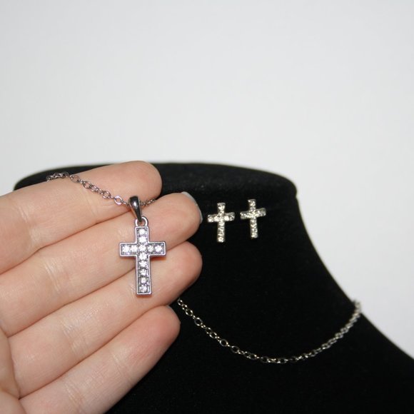 Silver and cz cross necklace earrings set